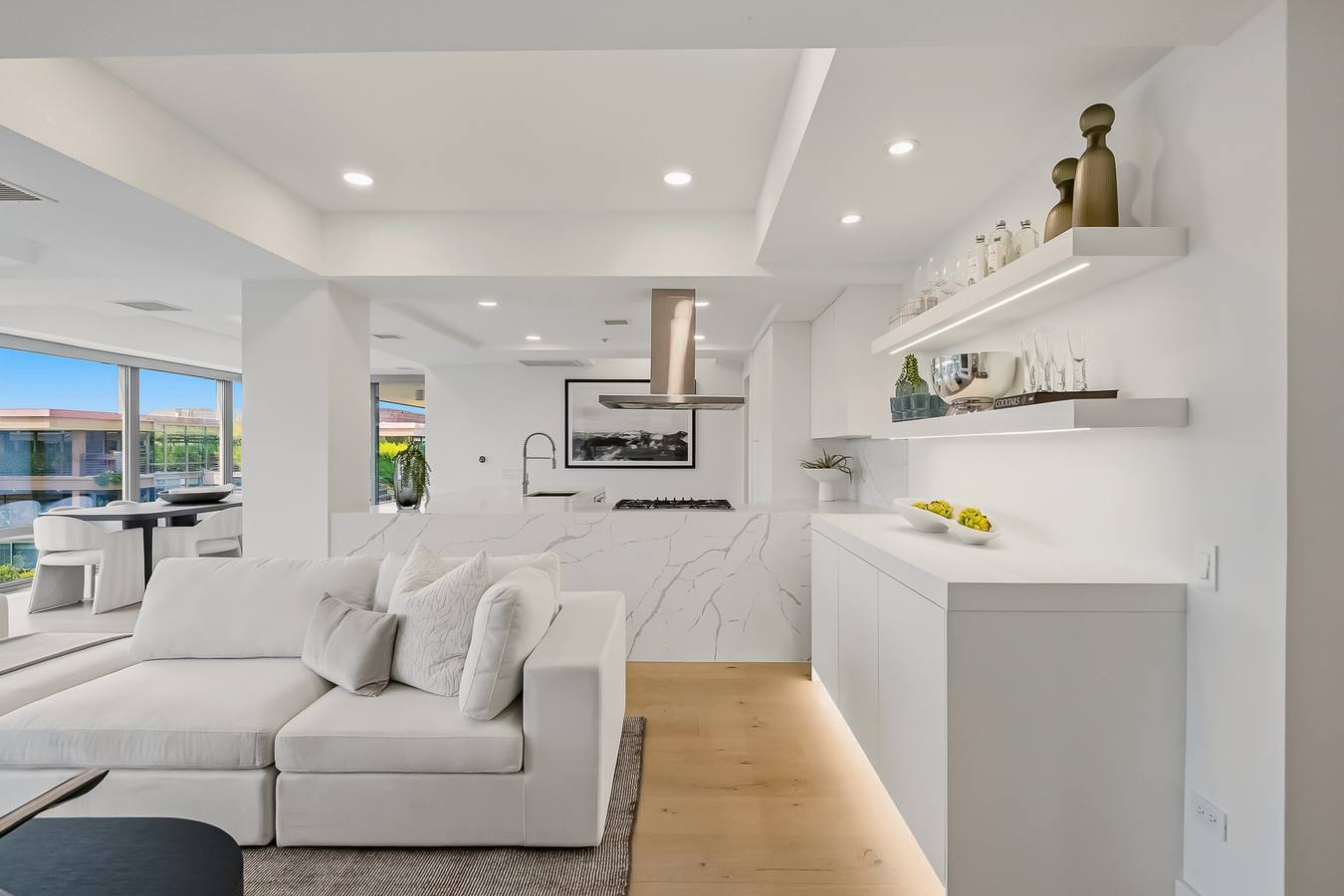 Living room toward the designer kitchen