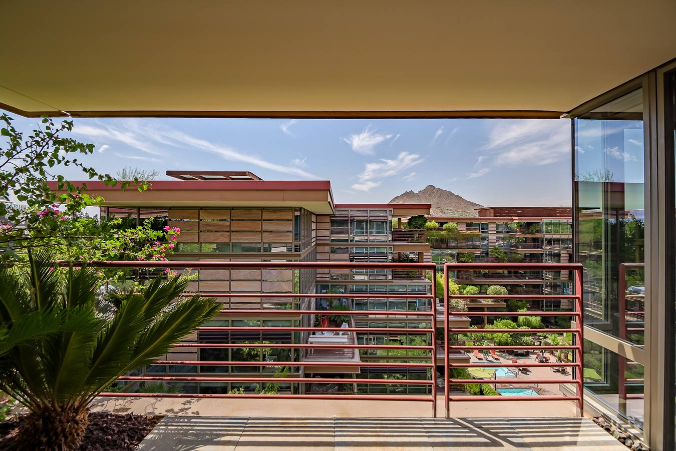 Sunlit patio overlooking the courtyard